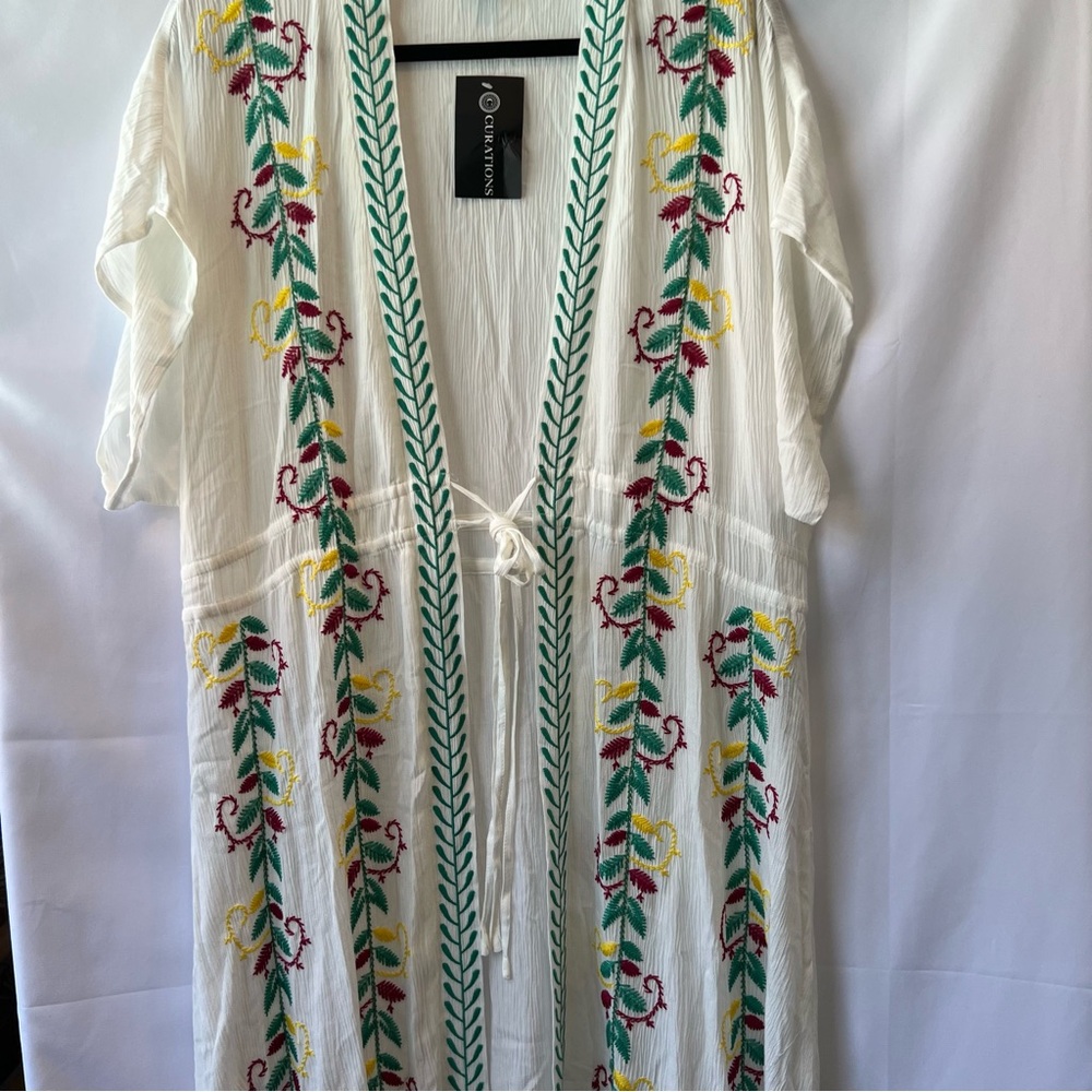Curations White Kimono with Green Embroidery